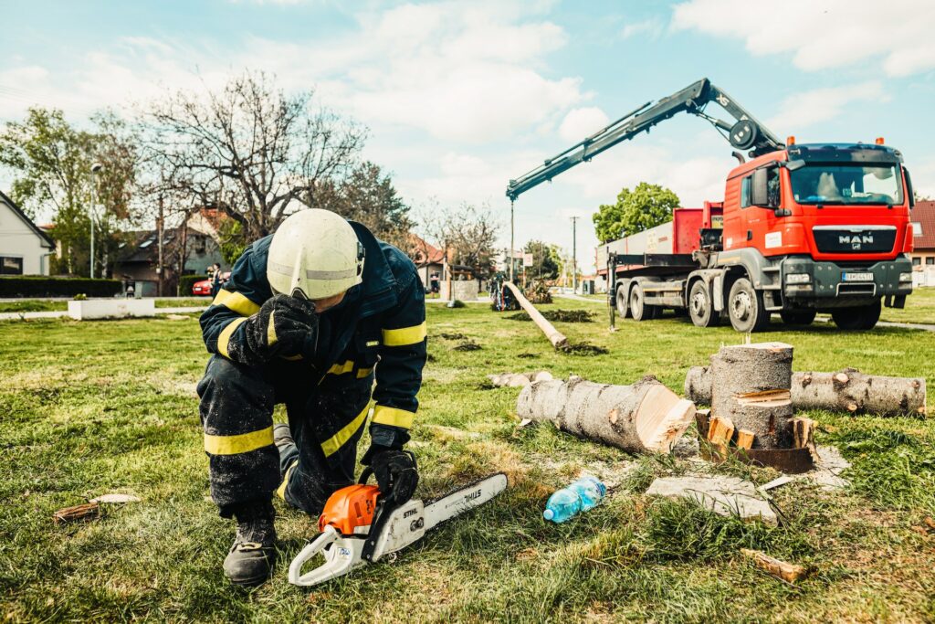 Arborist inspecting chainsaw