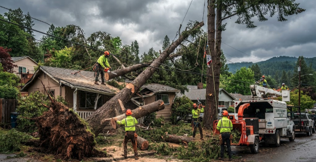 Siskiyou Tree Experts responding to emergency tree service Medford storm damage with fallen tree removal and safety equipment
